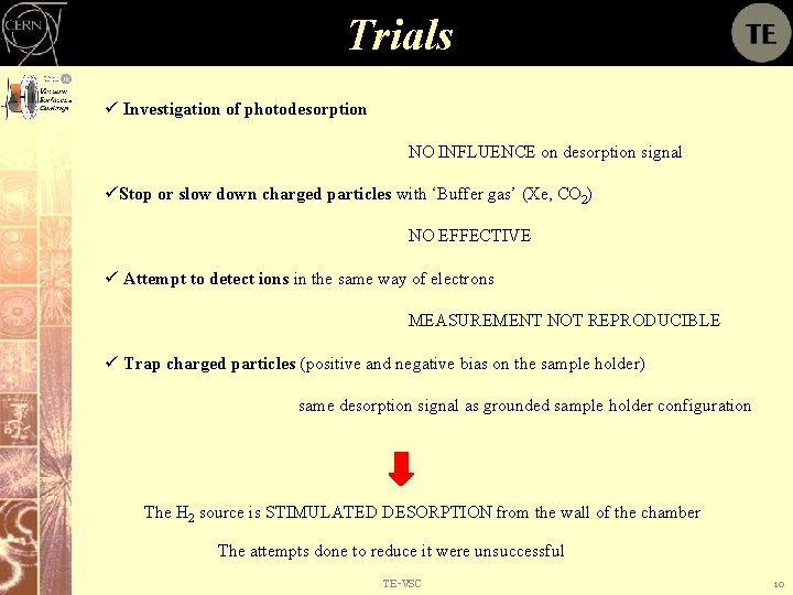 Trials ü Investigation of photodesorption NO INFLUENCE on desorption signal üStop or slow down