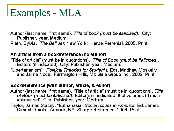 Examples - MLA Author (last name, first name). Title of book (must be italicized).