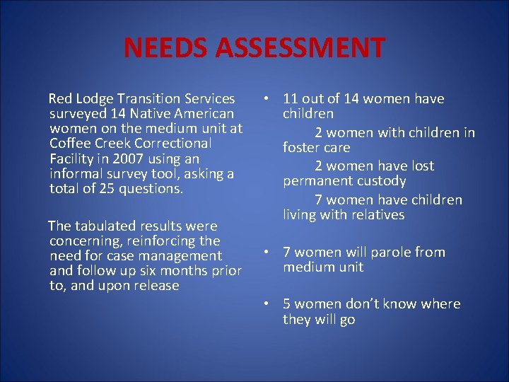 NEEDS ASSESSMENT Red Lodge Transition Services surveyed 14 Native American women on the medium