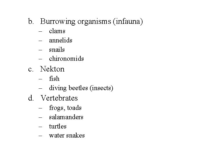 b. Burrowing organisms (infauna) – – clams annelids snails chironomids c. Nekton – fish