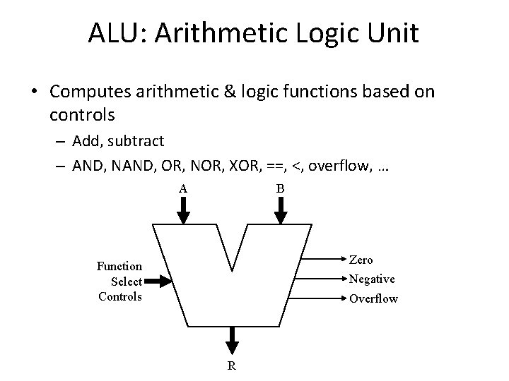 ALU: Arithmetic Logic Unit • Computes arithmetic & logic functions based on controls –