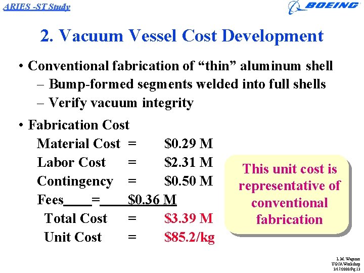 ARIES -ST Study 2. Vacuum Vessel Cost Development • Conventional fabrication of “thin” aluminum