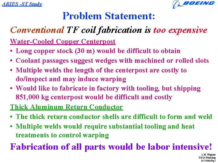 ARIES -ST Study Problem Statement: Conventional TF coil fabrication is too expensive Water-Cooled Copper