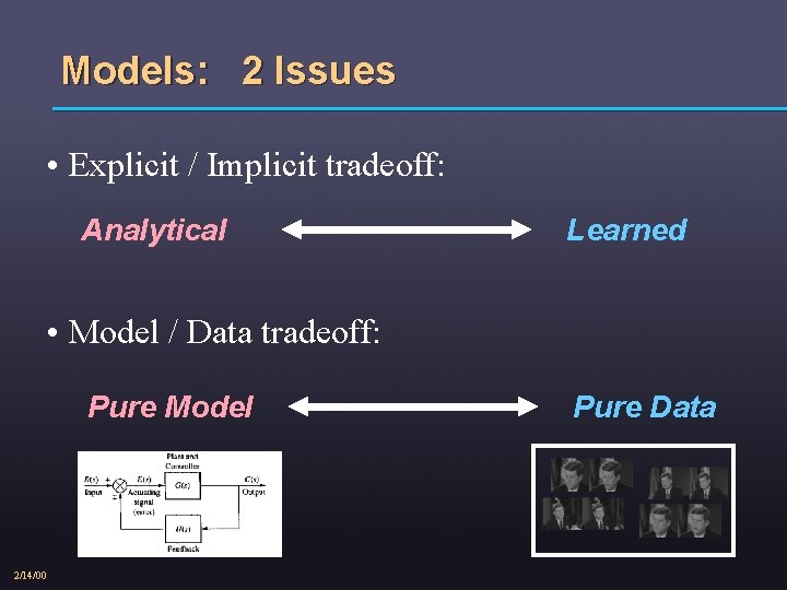 Models: 2 Issues • Explicit / Implicit tradeoff: Analytical Learned • Model / Data