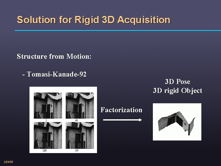 Solution for Rigid 3 D Acquisition Structure from Motion: - Tomasi-Kanade-92 3 D Pose
