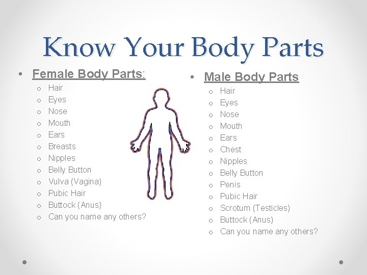Know Your Body Parts • Female Body Parts: o o o Hair Eyes Nose