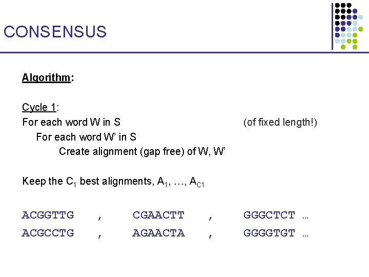 CONSENSUS Algorithm: Cycle 1: For each word W in S For each word W’