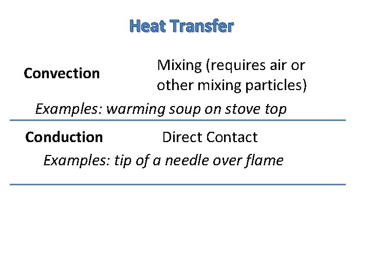 Heat Transfer Mixing (requires air or Convection other mixing particles) Examples: warming soup on