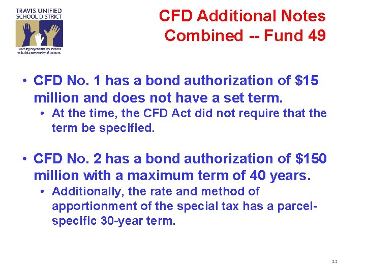 CFD Additional Notes Combined -- Fund 49 • CFD No. 1 has a bond
