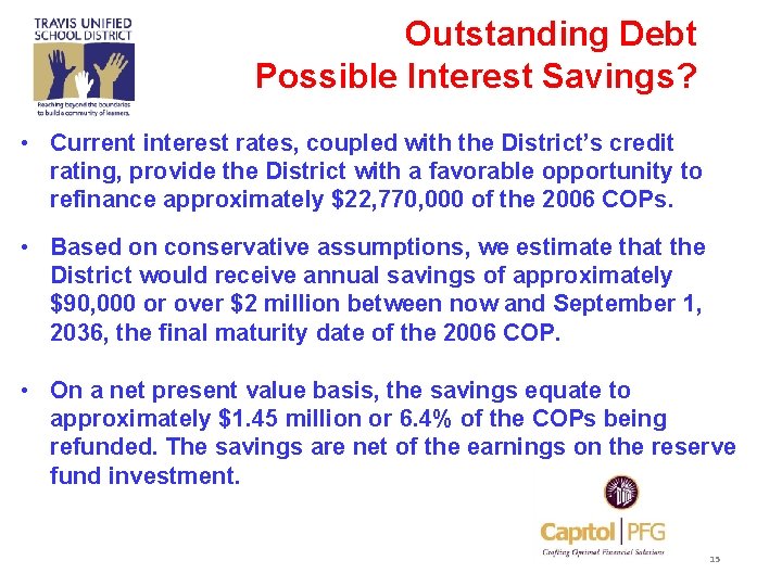 Outstanding Debt Possible Interest Savings? • Current interest rates, coupled with the District’s credit