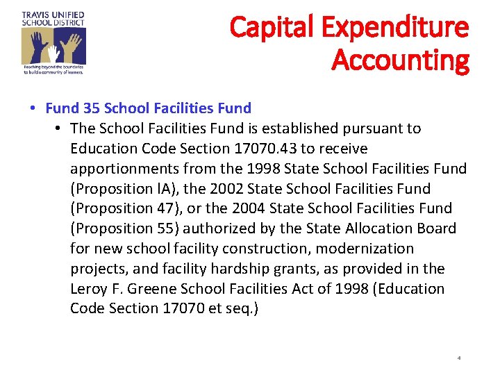 Capital Expenditure Accounting • Fund 35 School Facilities Fund • The School Facilities Fund