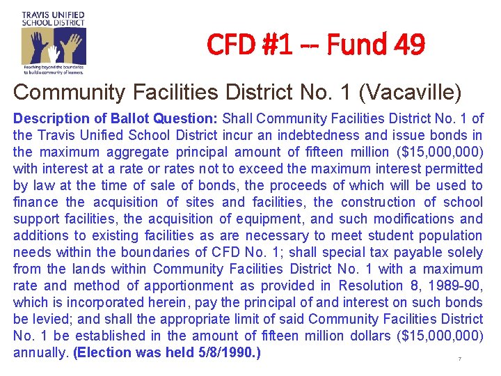 CFD #1 -- Fund 49 Community Facilities District No. 1 (Vacaville) Description of Ballot