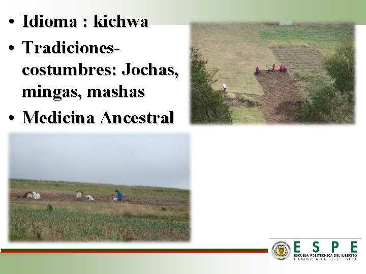  • Idioma : kichwa • Tradicionescostumbres: Jochas, mingas, mashas • Medicina Ancestral 