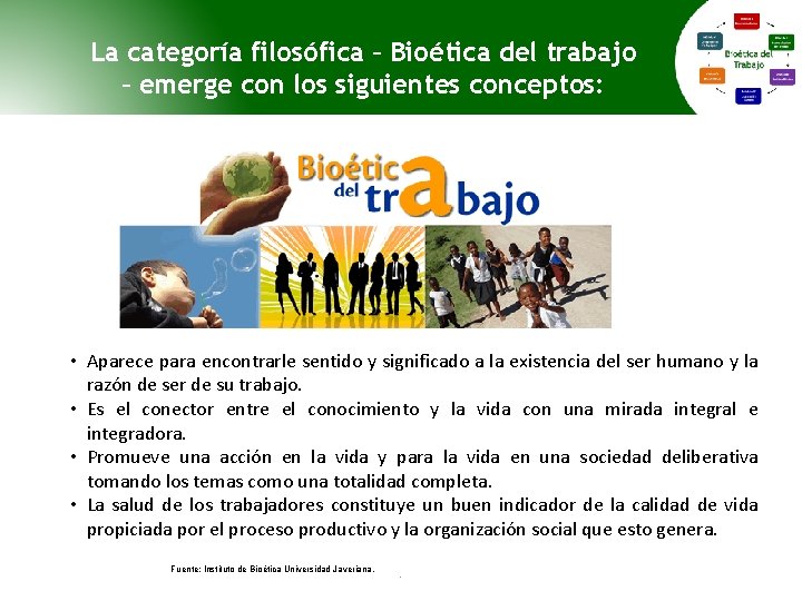 La categoría filosófica – Bioética del trabajo – emerge con los siguientes conceptos: •