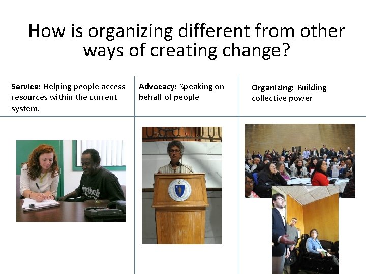 How is organizing different from other ways of creating change? Service: Helping people access