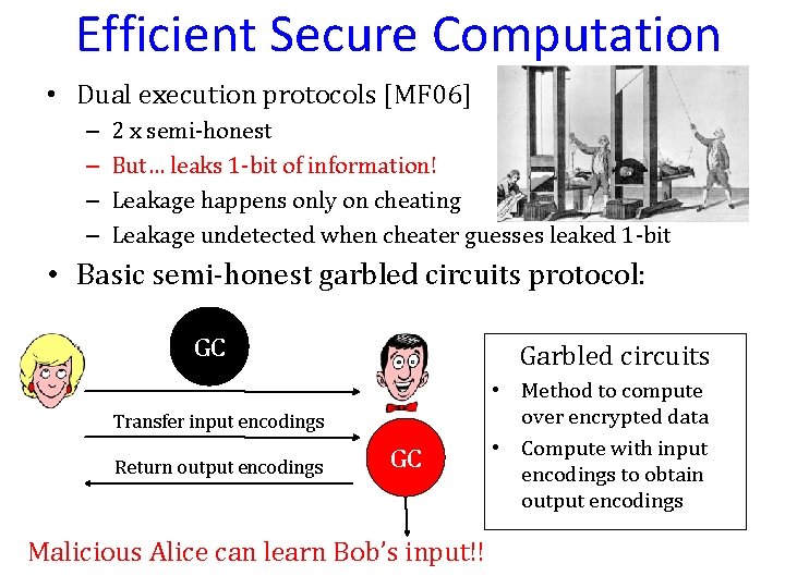 Efficient Secure Computation • Dual execution protocols [MF 06] – – 2 x semi-honest