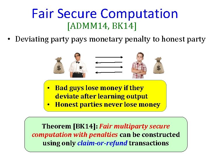 Fair Secure Computation [ADMM 14, BK 14] • Deviating party pays monetary penalty to