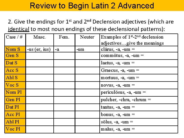 Review to Begin Latin 2 Advanced 2. Give the endings for 1 st and