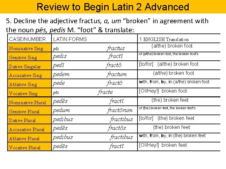 Review to Begin Latin 2 Advanced 5. Decline the adjective fractus, a, um “broken”