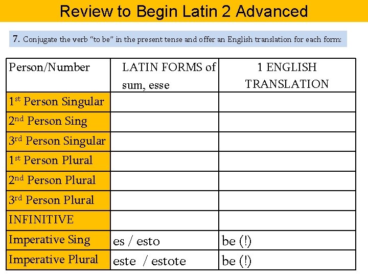 Review to Begin Latin 2 Advanced 7. Conjugate the verb “to be” in the