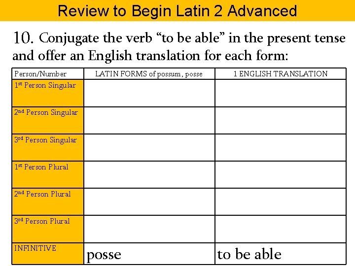 Review to Begin Latin 2 Advanced 10. Conjugate the verb “to be able” in