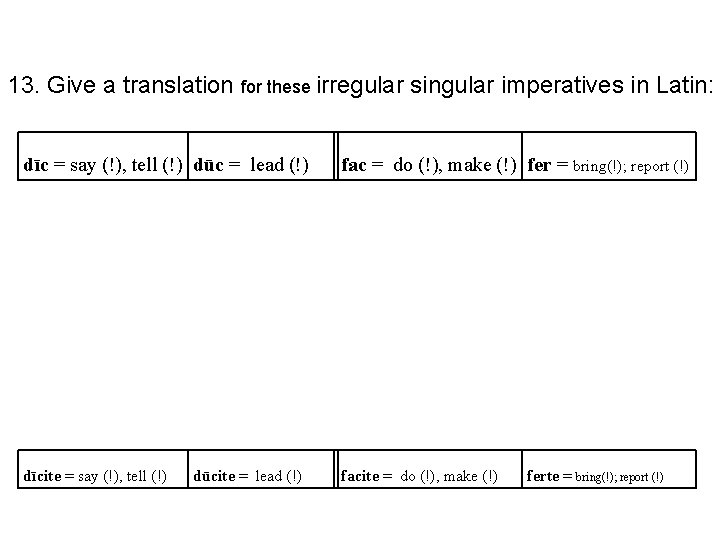 13. Give a translation for these irregular singular imperatives in Latin: dīc = say