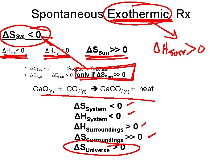 Spontaneous Exothermic Rx ΔSSys < 0 ΔHRx< 0 ΔHSys< 0 ΔSSurr>> 0 • ΔSSys
