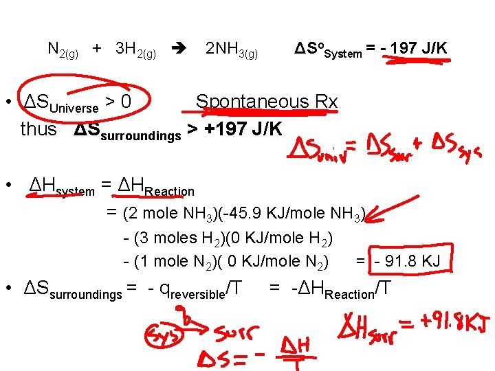 N 2(g) + 3 H 2(g) 2 NH 3(g) ΔSo. System = - 197