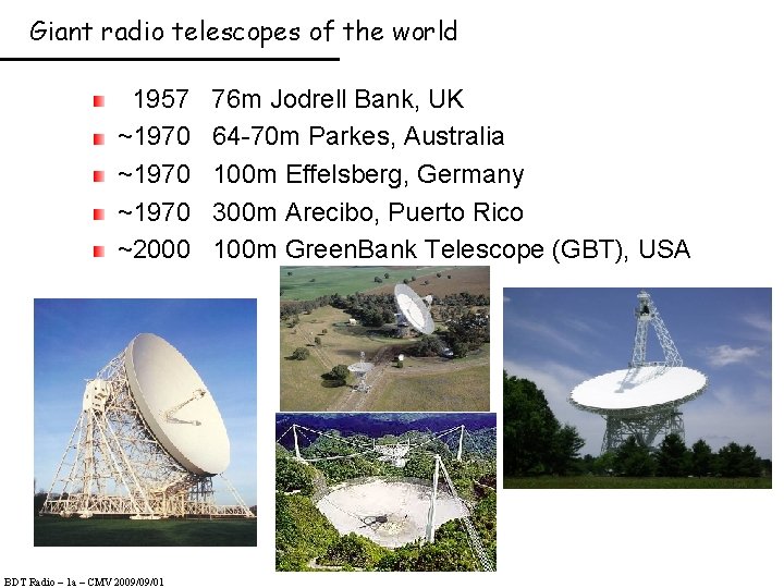 Giant radio telescopes of the world 1957 ~1970 ~2000 BDT Radio – 1 a