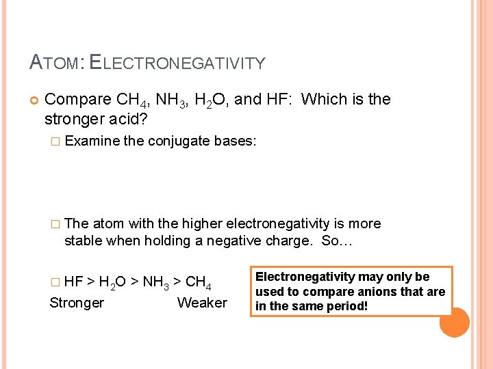 ATOM: ELECTRONEGATIVITY Compare CH 4, NH 3, H 2 O, and HF: Which is
