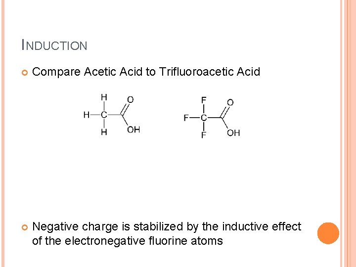 INDUCTION Compare Acetic Acid to Trifluoroacetic Acid Negative charge is stabilized by the inductive