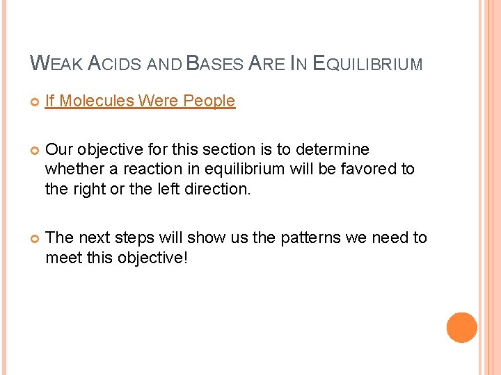 WEAK ACIDS AND BASES ARE IN EQUILIBRIUM If Molecules Were People Our objective for