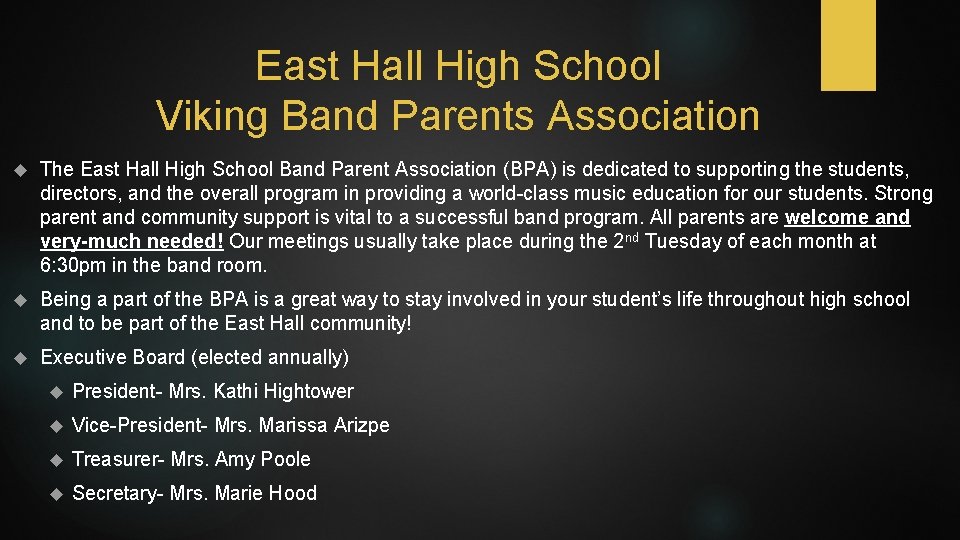 East Hall High School Viking Band Parents Association The East Hall High School Band