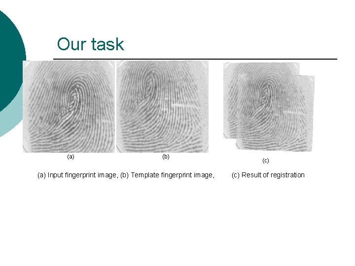 Our task (a) (b) (a) Input fingerprint image, (b) Template fingerprint image, (c) Result