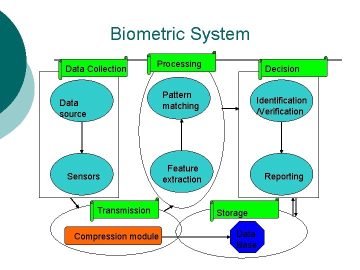 Biometric System Data Collection Processing Decision Pattern matching Data source Sensors Transmission Compression module
