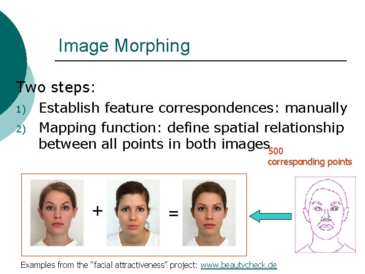 Image Morphing Two steps: 1) 2) Establish feature correspondences: manually Mapping function: define spatial