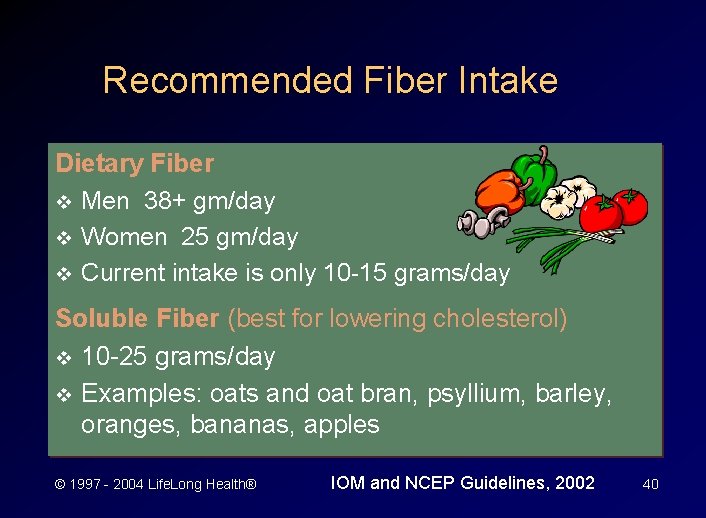 Recommended Fiber Intake Dietary Fiber v Men 38+ gm/day v Women 25 gm/day v