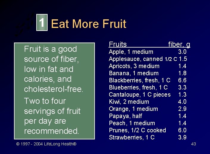 1 Eat More Fruit is a good source of fiber, low in fat and