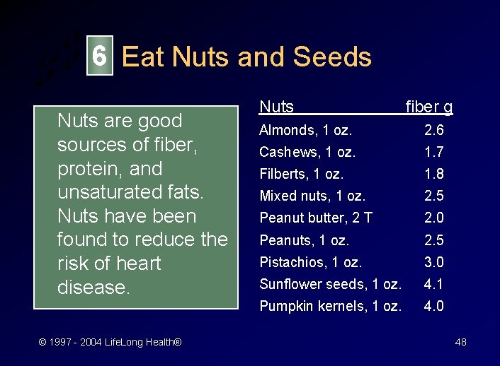 6 Eat Nuts and Seeds Nuts are good sources of fiber, protein, and unsaturated