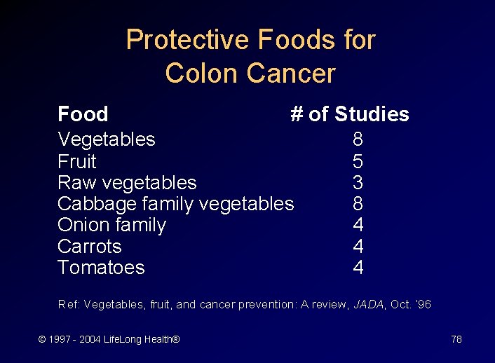 Protective Foods for Colon Cancer Food # of Studies Vegetables Fruit Raw vegetables Cabbage