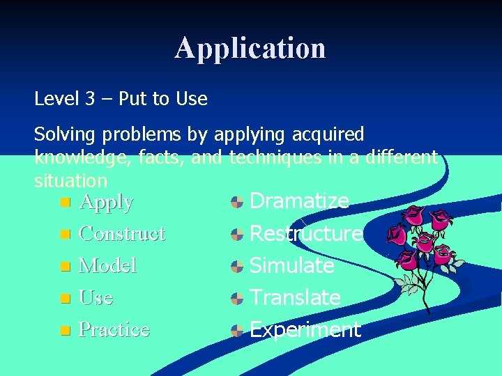 Application Level 3 – Put to Use Solving problems by applying acquired knowledge, facts,