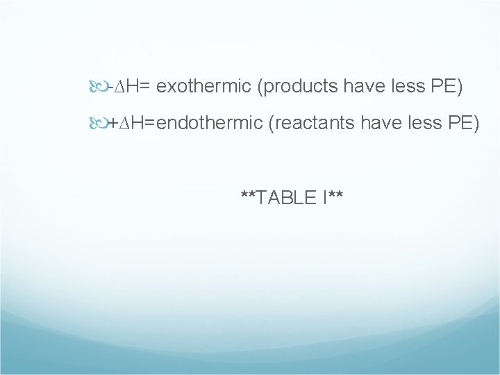  -∆H= exothermic (products have less PE) +∆H=endothermic (reactants have less PE) **TABLE I**