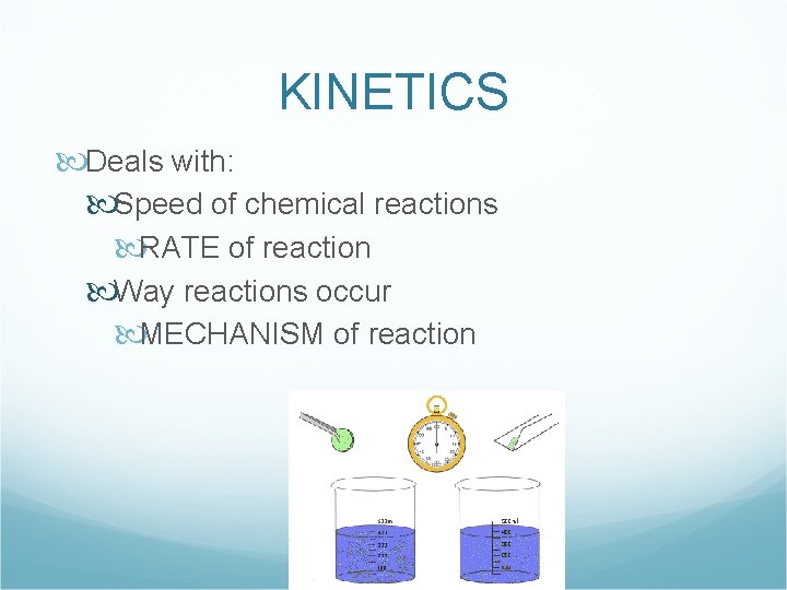 KINETICS Deals with: Speed of chemical reactions RATE of reaction Way reactions occur MECHANISM