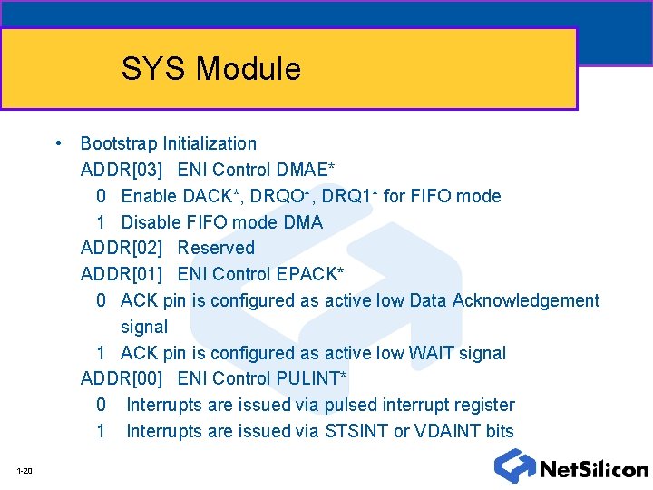 SYS Module • Bootstrap Initialization ADDR[03] ENI Control DMAE* 0 Enable DACK*, DRQO*, DRQ