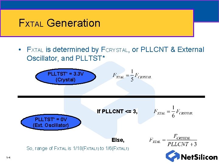 FXTAL Generation • FXTAL is determined by FCRYSTAL, or PLLCNT & External Oscillator, and
