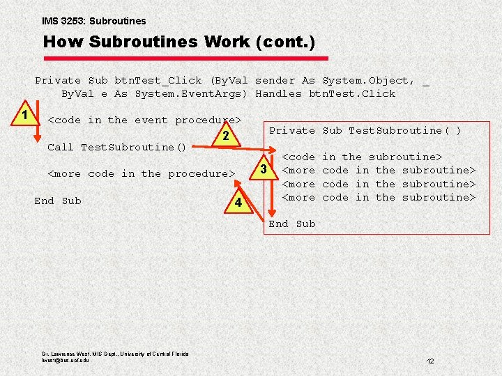 IMS 3253: Subroutines How Subroutines Work (cont. ) Private Sub btn. Test_Click (By. Val