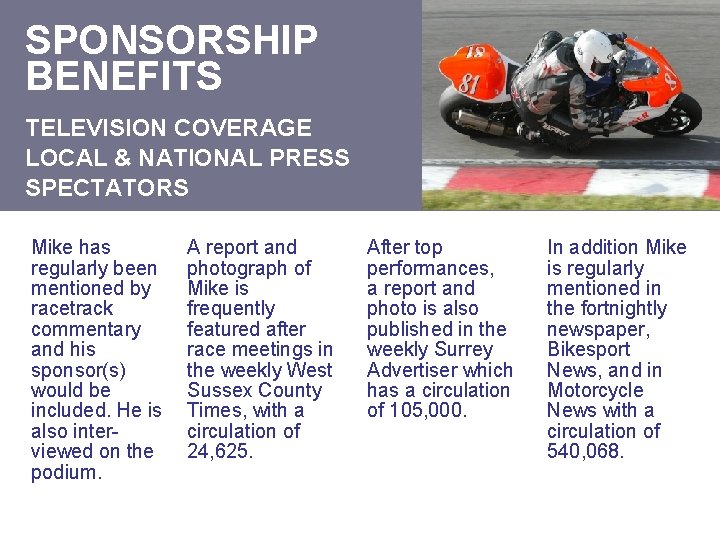 SPONSORSHIP BENEFITS TELEVISION COVERAGE LOCAL & NATIONAL PRESS SPECTATORS Mike has regularly been mentioned
