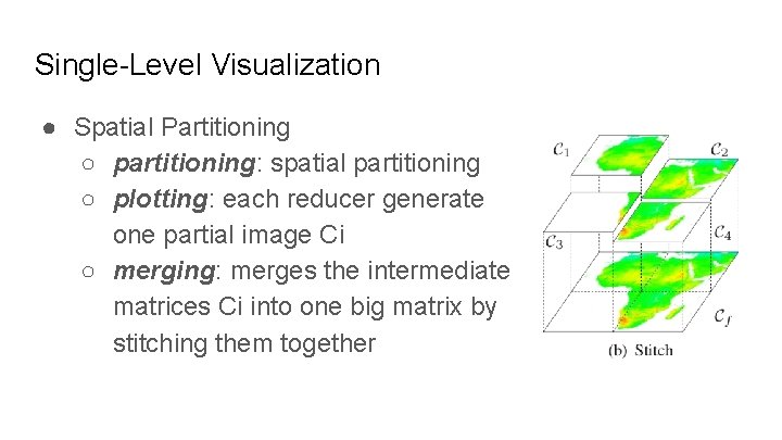 Single-Level Visualization ● Spatial Partitioning ○ partitioning: spatial partitioning ○ plotting: each reducer generate