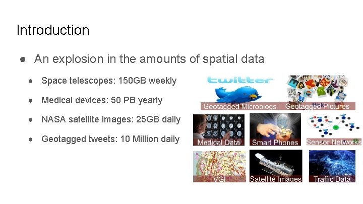 Introduction ● An explosion in the amounts of spatial data ● Space telescopes: 150