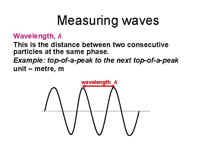 Measuring waves Wavelength, λ This is the distance between two consecutive particles at the